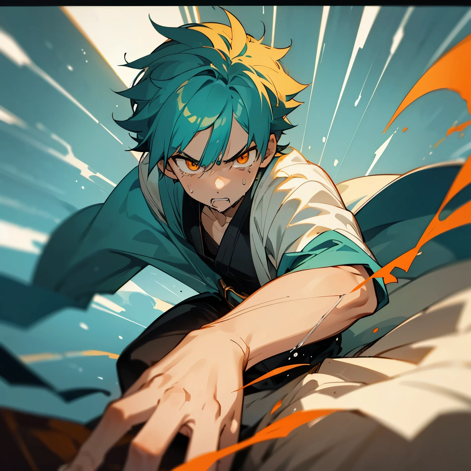 1 boy, Turquoise hair, orange eyes, white cloth, handsome, , orange eye liner, mad, angry, light power, crying, there is a wound on his hand