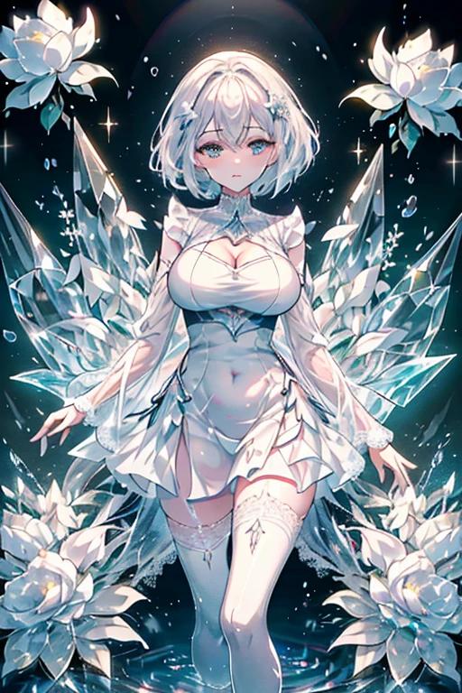 Paradise in Heaven, White lighting,(masutepiece), (Best Quality), (Cinematic), 8K, (art  stations), Li Yue painting style.(長いWhite hairとSilvery eyesを持つ1人の女), (Beautiful delicate face)、[ Particle Lou Full Moon] [Frozen trees々] [landscape crystal] [Lighting] [Ethereal Atmosphere]:1.1] [Fantasy, short story] [soft Lighting] [+Cinematic shot]:1.2 [+art  stations] [+luminous white background] [+soft Lighting] [soft glow] [Creative and dynamic angles]:1.3, [+Crystal Toning] 、masutepiece, ighly detailed, Ultra-detailed, Solo, (pale skin), Silvery eyes, White hair, (snowy background), (snowflake rosen flower:1.0), (shining crystal),, (Snowy ground), (White lashes), Female sexy、dreamy and detailed, Gorgeous setting, 妖しい雰囲気 masutepiece, The most beautiful scenes, An majestic、(((full of white flowers)))、quiet and serene atmosphere、A charming, all white tones,Inside the crystal library,Transparent flowers and falling snow，Many white roses are planted,(flowingwater,falls,water bloom),The decoration is also carefully done.,Dreamy（ighly detailedです，Creative Design，crisp and precise lines，K HD，best qualtiy，tmasterpiece，超hight resolution，4K）、Diverse poses、((beautiful white flower hair ornament))、Beautiful hairstyle、(Best Quality, 4K, 8K, hight resolution, masutepiece:1.2), Ultra-detailed, Detailed expression, Graceful posture, expressive brush strokes, mystic atmosphere, artistic interpretation,Delicate floral jewelry， (((Detailed design、Beautiful lace translucent dress、see-through small dress)))、(SFW:1.5), (Oversized breasts, best body proportions, proportions of large breasts,:1.5),(white decoration on thigh)、((Beautiful crystal accessories on the legs))。((Beautiful crystal accessories on the arm))、(((maikurobikini)))
