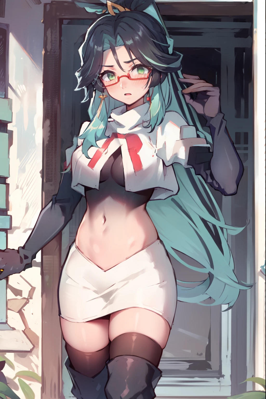 2d, masterpiece, best quality, anime, highly detailed face, perfect lighting, long hair, ponytail, multicolored hair, black hair, bangs, glasses, semi-rimless eyewear, earrings, green hair, hair ornament, jewelry, red-framed eyewear, green eyes, team rocket,team rocket uniform,white skirt,red letter R,crop top,black thigh-high boots,black elbow gloves, embarrassed, blush