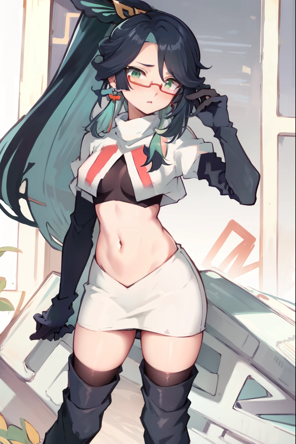 2d, masterpiece, best quality, anime, highly detailed face, perfect lighting, long hair, ponytail, multicolored hair, black hair, bangs, glasses, semi-rimless eyewear, earrings, green hair, hair ornament, jewelry, red-framed eyewear, green eyes, team rocket,team rocket uniform,white skirt,red letter R,crop top,black thigh-high boots,black elbow gloves, embarrassed, blush