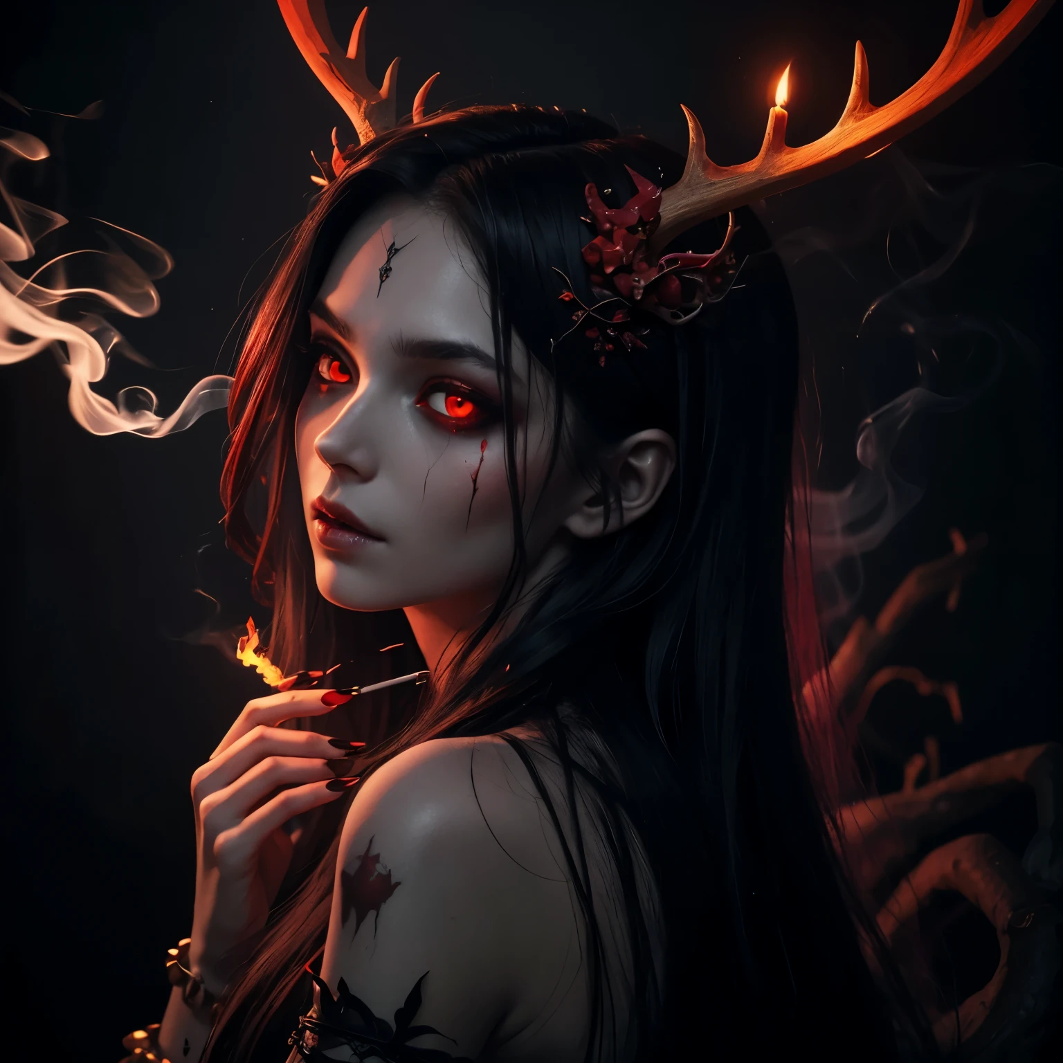 dark, unholy, evil, astral, creepy style, undead, rotting skin, mystical, nice perfect face with soft skin, young beautiful girl portrait on fire, smoke, smoking, fire, night, long hair, red long nails, antlers, red eyes, from side, red glow