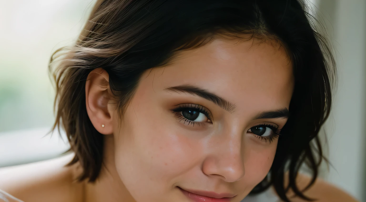 Smile, beautiful european model, Close-up shot of face only, 1 Girl with a beautiful face, Beautiful woman, (masutepiece, Best Quality, High resolution:1.4), 1girl in, Texture of skin pores, Photography, movie, movie, Full body, Realistic, (8K, Raw photo, Best Quality, masutepiece:1.2), (Realistic, photo-Realistic:1.33), Best Quality, Detailed eyes, Natural lighting, depth of fields, Film grain, sharp, detailed and Realistic portrait of a woman, stares at the camera, Chapped lips, soft Natural lighting, a portrait photo of, magical photography, Dramatic Lighting, photorealisim, Ultra-detailed, Intimate portrait composition, Leica 50mm, Short hair