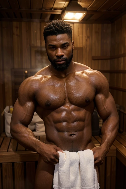 A black guy with a well-groomed beard and a lean, muscular physique, wrapped in a towel, is depicted in a sauna. The image quality is of the highest standard with 4K resolution and ultra-detailed rendering. The scene is highly realistic, with studio lighting that accentuates the physique and creates a sense of depth. The colors are vibrant and vivid, enhancing the overall appeal. The focus is sharp, capturing all the intricate details, from the texture of the towel to the beads of sweat on the guy's skin. The sauna is dimly lit, creating a warm and soothing ambiance. The guy's facial expression exudes relaxation and contentment.