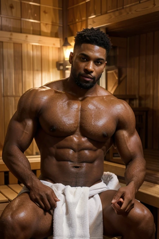 A black guy with a well-groomed beard and a lean, muscular physique, wrapped in a towel, is depicted in a sauna. The image quality is of the highest standard with 4K resolution and ultra-detailed rendering. The scene is highly realistic, with studio lighting that accentuates the physique and creates a sense of depth. The colors are vibrant and vivid, enhancing the overall appeal. The focus is sharp, capturing all the intricate details, from the texture of the towel to the beads of sweat on the guy's skin. The sauna is dimly lit, creating a warm and soothing ambiance. The guy's facial expression exudes relaxation and contentment.