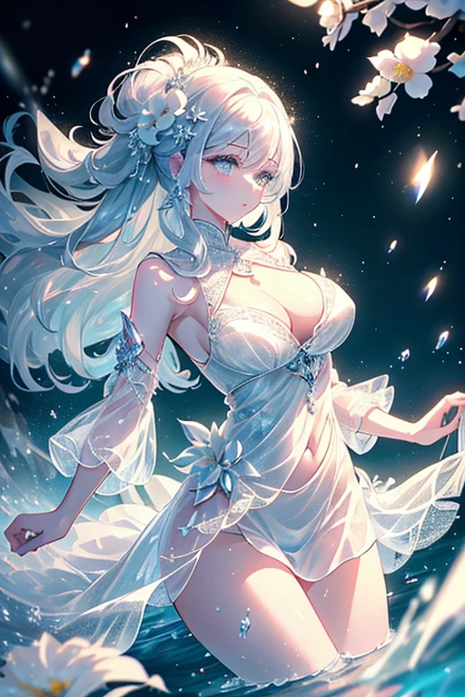 Paradise in Heaven, White lighting,(masutepiece), (Best Quality), (Cinematic), 8K, (art  stations), Li Yue painting style.(長いWhite hairとSilvery eyesを持つ1人の女), (Beautiful delicate face)、[ Particle Lou Full Moon] [Frozen trees々] [landscape crystal] [Lighting] [Ethereal Atmosphere]:1.1] [Fantasy, short story] [soft Lighting] [+Cinematic shot]:1.2 [+art  stations] [+luminous white background] [+soft Lighting] [soft glow] [Creative and dynamic angles]:1.3, [+Crystal Toning] 、masutepiece, ighly detailed, Ultra-detailed, Solo, (pale skin), Silvery eyes, White hair, (snowy background), (snowflake rosen flower:1.0), (shining crystal),, (Snowy ground), (White lashes), Female sexy、dreamy and detailed, Gorgeous setting, 妖しい雰囲気 masutepiece, The most beautiful scenes, An majestic、(((full of white flowers)))、quiet and serene atmosphere、A charming, all white tones,Inside the crystal library,Transparent flowers and falling snow，Many white roses are planted,(flowingwater,falls,water bloom),The decoration is also carefully done.,Dreamy（ighly detailedです，Creative Design，crisp and precise lines，K HD，best qualtiy，tmasterpiece，超hight resolution，4K）、Diverse poses、((beautiful white flower hair ornament))、Beautiful hairstyle、(Best Quality, 4K, 8K, hight resolution, masutepiece:1.2), Ultra-detailed, Detailed expression, Graceful posture, expressive brush strokes, mystic atmosphere, artistic interpretation,Delicate floral jewelry， (((Detailed design、Beautiful lace translucent dress、see-through small dress)))、(SFW:1.5), (Oversized breasts, best body proportions, proportions of large breasts,:1.5),(white decoration on thigh)、((Beautiful crystal accessories on the legs))。((Beautiful crystal accessories on the arm))、(((maikurobikini)))