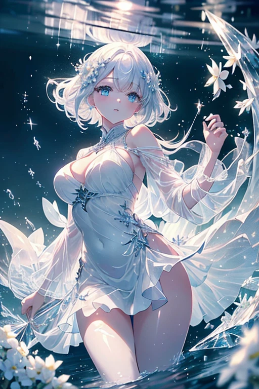 Paradise in Heaven, White lighting,(masutepiece), (Best Quality), (Cinematic), 8K, (art  stations), Li Yue painting style.(長いWhite hairとSilvery eyesを持つ1人の女), (Beautiful delicate face)、[ Particle Lou Full Moon] [Frozen trees々] [landscape crystal] [Lighting] [Ethereal Atmosphere]:1.1] [Fantasy, short story] [soft Lighting] [+Cinematic shot]:1.2 [+art  stations] [+luminous white background] [+soft Lighting] [soft glow] [Creative and dynamic angles]:1.3, [+Crystal Toning] 、masutepiece, ighly detailed, Ultra-detailed, Solo, (pale skin), Silvery eyes, White hair, (snowy background), (snowflake rosen flower:1.0), (shining crystal),, (Snowy ground), (White lashes), Female sexy、dreamy and detailed, Gorgeous setting, 妖しい雰囲気 masutepiece, The most beautiful scenes, An majestic、(((full of white flowers)))、quiet and serene atmosphere、A charming, all white tones,Inside the crystal library,Transparent flowers and falling snow，Many white roses are planted,(flowingwater,falls,water bloom),The decoration is also carefully done.,Dreamy（ighly detailedです，Creative Design，crisp and precise lines，K HD，best qualtiy，tmasterpiece，超hight resolution，4K）、Diverse poses、((beautiful white flower hair ornament))、Beautiful hairstyle、(Best Quality, 4K, 8K, hight resolution, masutepiece:1.2), Ultra-detailed, Detailed expression, Graceful posture, expressive brush strokes, mystic atmosphere, artistic interpretation,Delicate floral jewelry， (((Detailed design、Beautiful lace translucent dress、see-through small dress)))、(SFW:1.5), (Oversized breasts, best body proportions, proportions of large breasts,:1.5),(white decoration on thigh)、((Beautiful crystal accessories on the legs))。((Beautiful crystal accessories on the arm))、(((maikurobikini)))