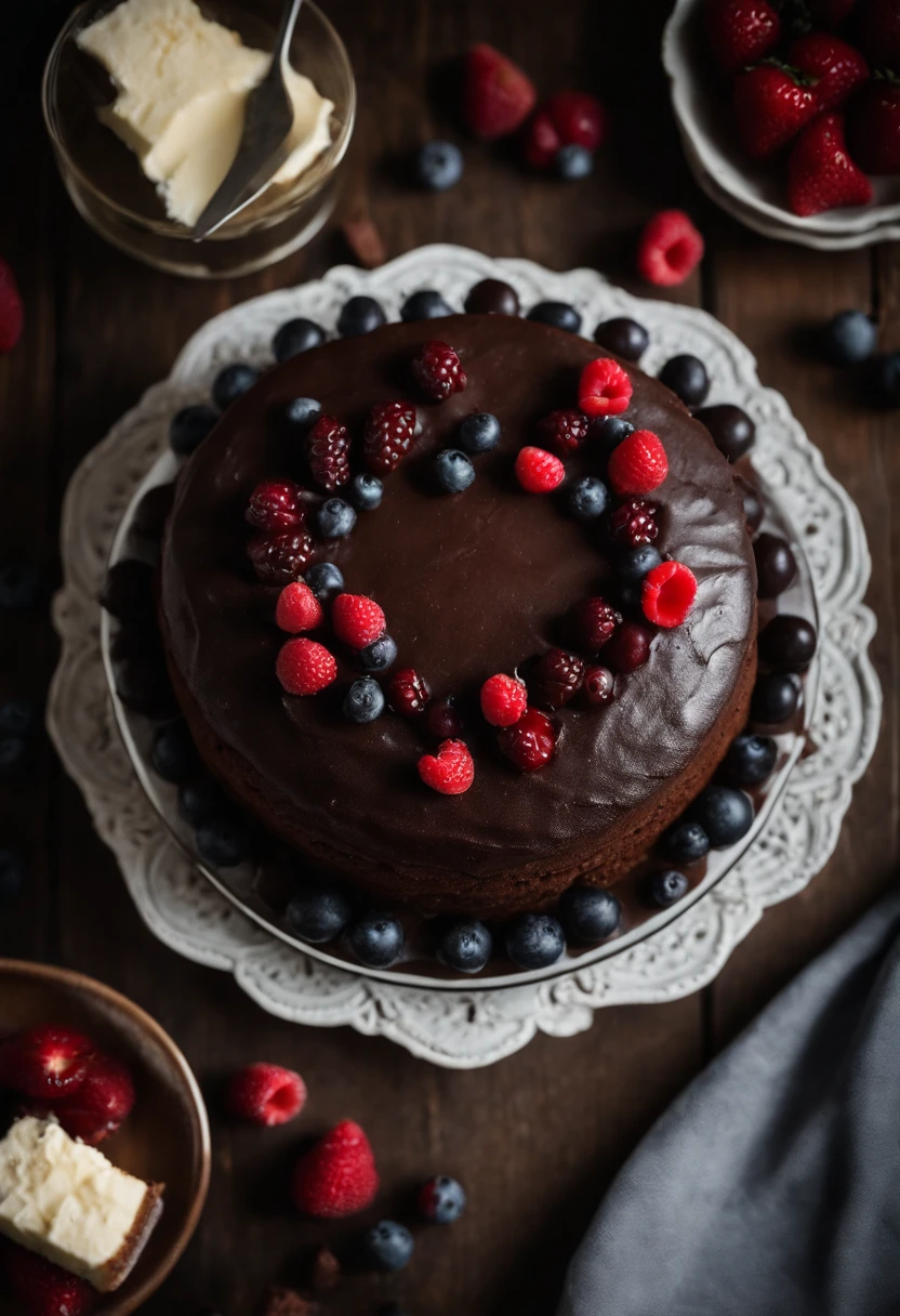 a top-down shot of a whole chocolate cake, showcasing its rich, dark brown color, smooth surface, and any decorative toppings such as berries or powdered sugar.
