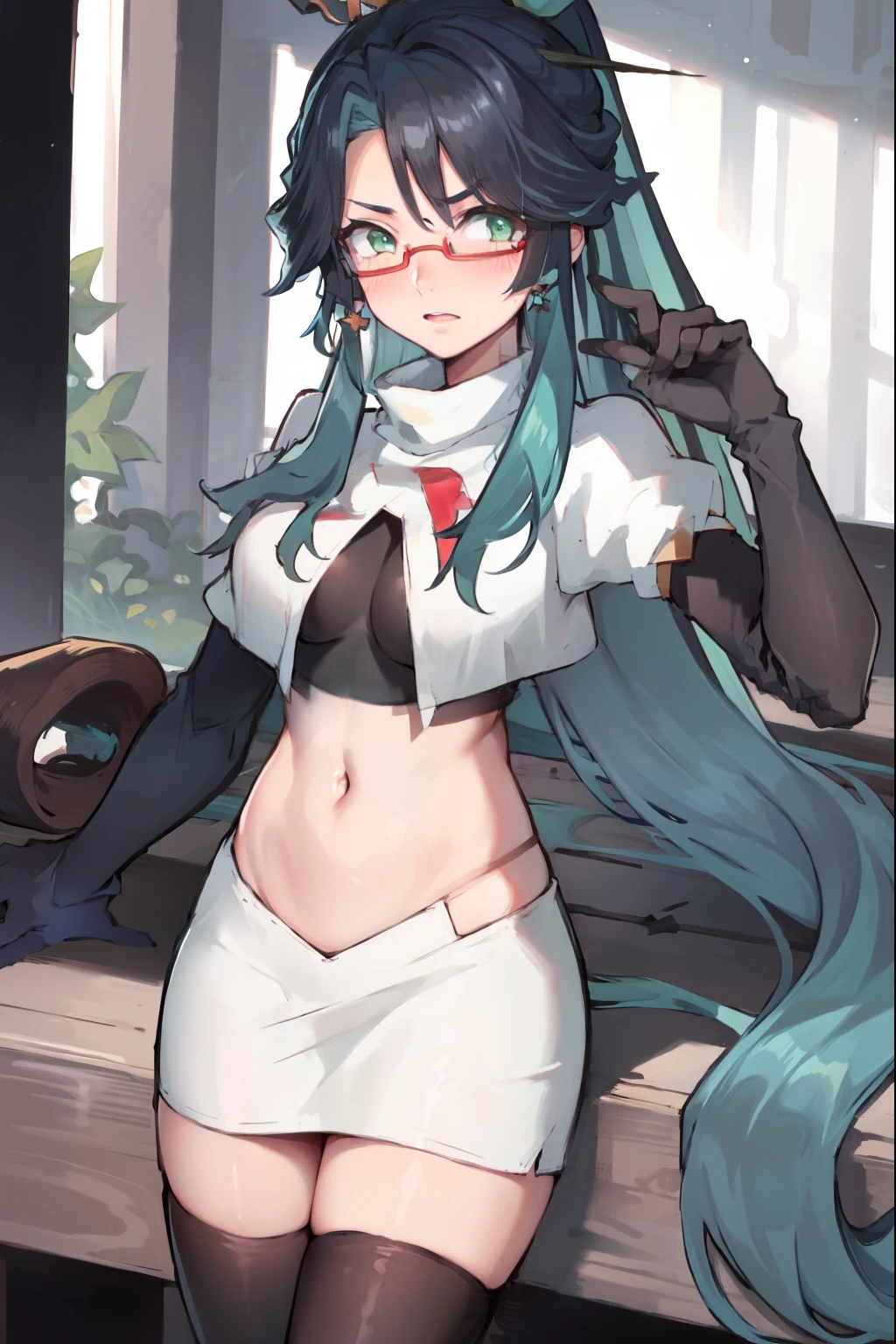 2d, masterpiece, best quality, anime, highly detailed face, perfect lighting, long hair, ponytail, multicolored hair, black hair, bangs, glasses, semi-rimless eyewear, earrings, green hair, hair ornament, jewelry, red-framed eyewear, green eyes, team rocket,team rocket uniform,white skirt,red letter R,crop top,black thigh-high boots,black elbow gloves, embarrassed, blush
