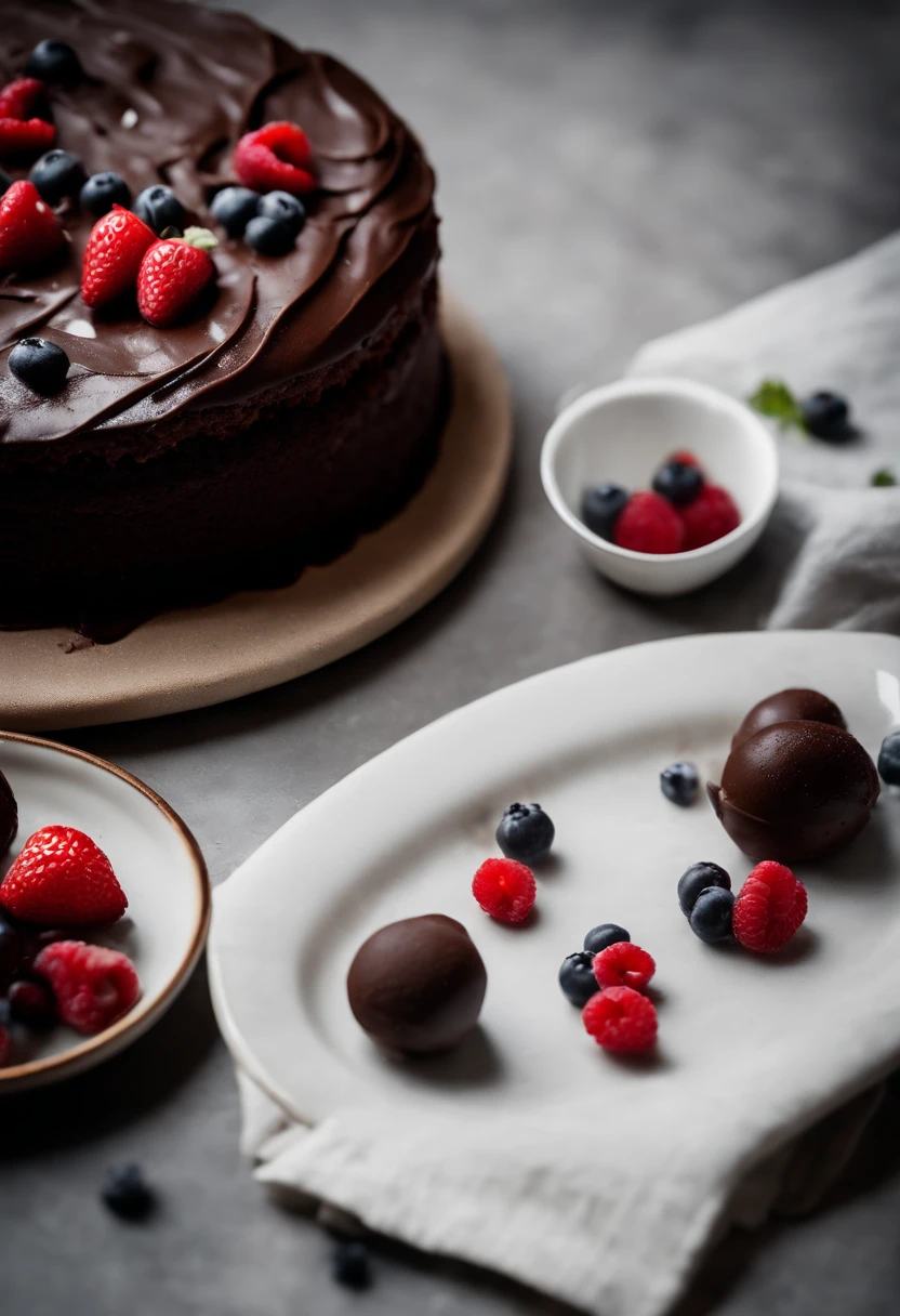 a top-down shot of a whole chocolate cake, showcasing its rich, dark brown color, smooth surface, and any decorative toppings such as berries or powdered sugar.