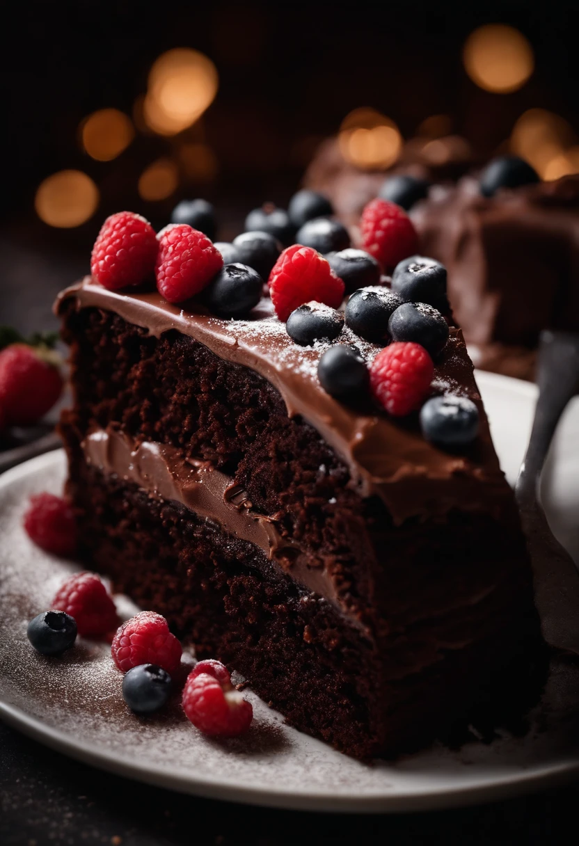 a top-down shot of a whole chocolate cake, showcasing its rich, dark brown color, smooth surface, and any decorative toppings such as berries or powdered sugar.