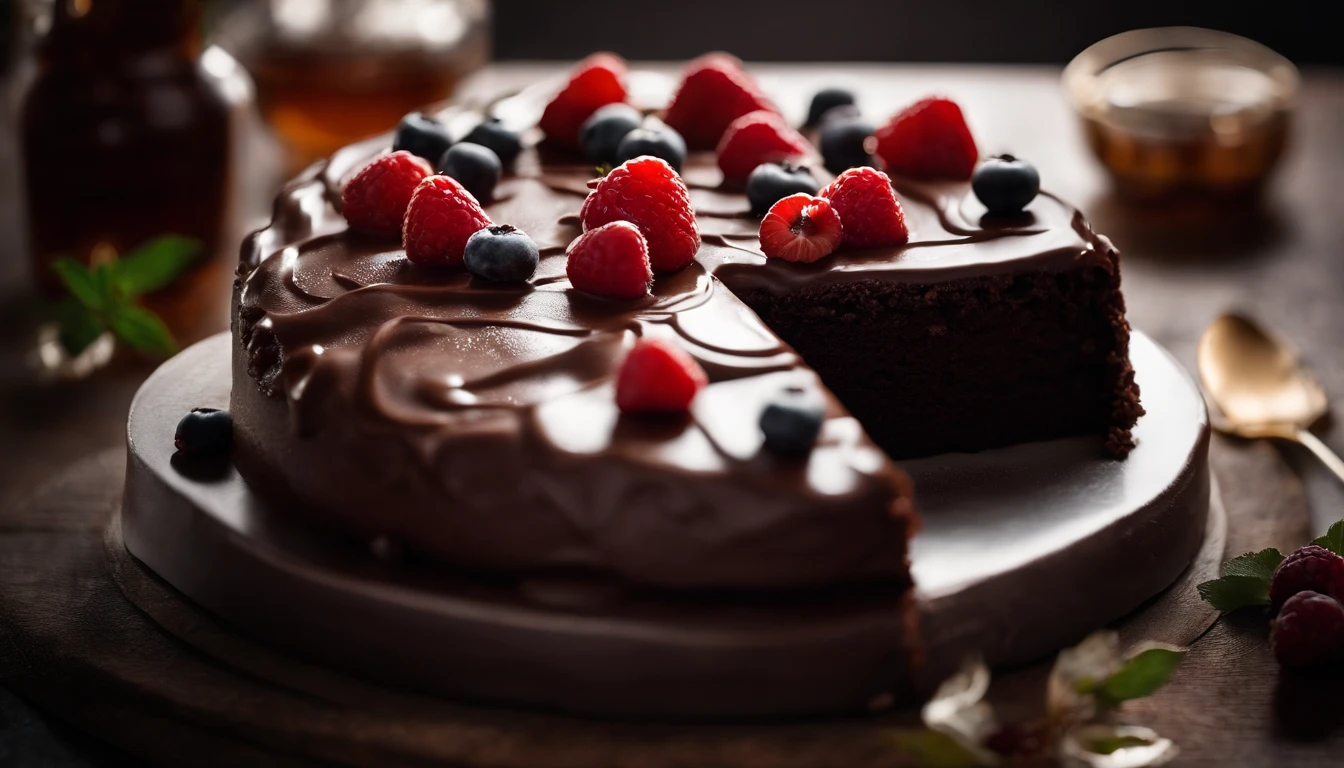 a top-down shot of a whole chocolate cake, showcasing its rich, dark brown color, smooth surface, and any decorative toppings such as berries or powdered sugar.