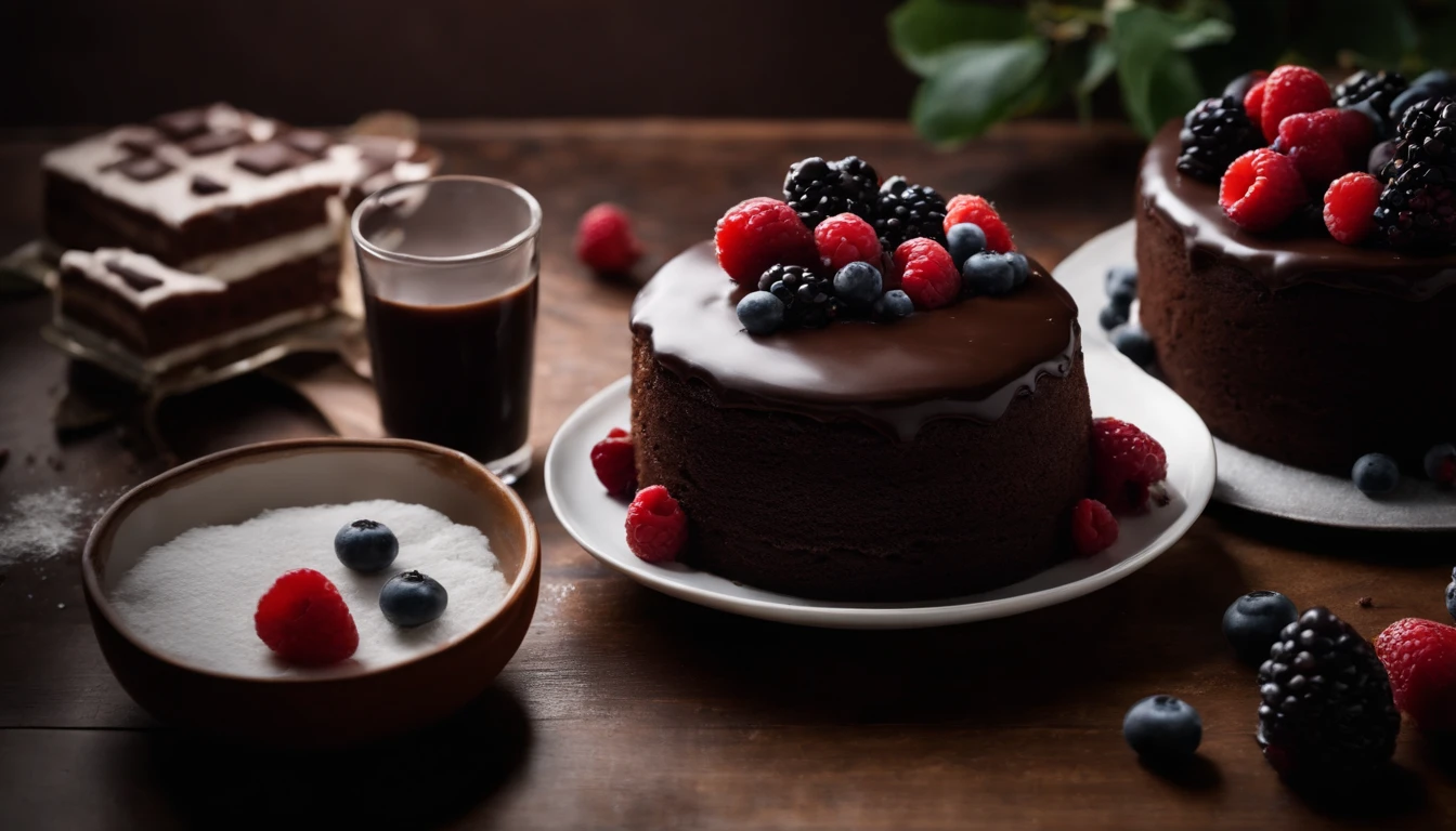 a top-down shot of a whole chocolate cake, showcasing its rich, dark brown color, smooth surface, and any decorative toppings such as berries or powdered sugar.