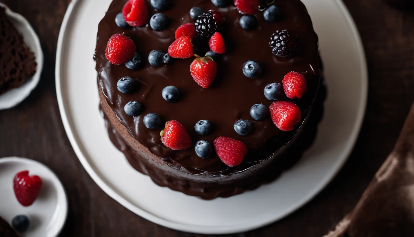 a top-down shot of a whole chocolate cake, showcasing its rich, dark brown color, smooth surface, and any decorative toppings such as berries or powdered sugar.