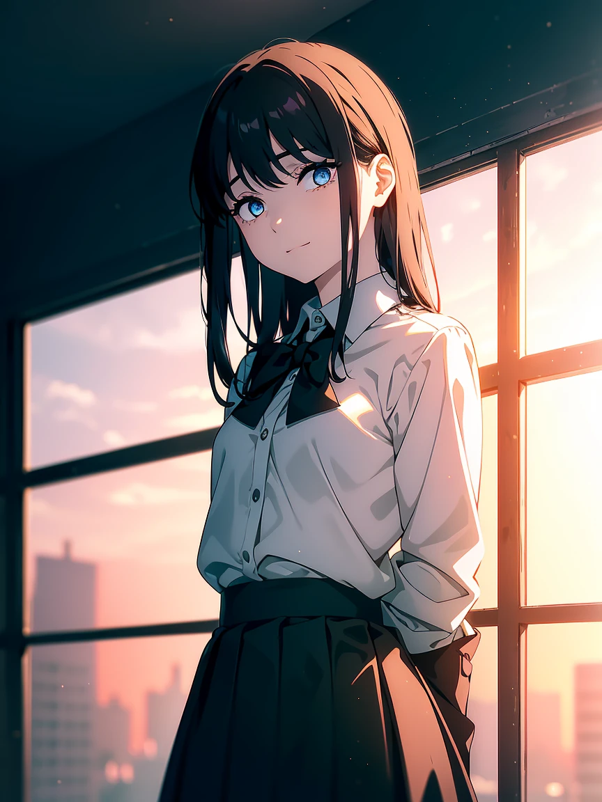 (Obra maestra, La mejor calidad, ultrahigh resolution), 1girl, school uniform, white office shirt, black pleated skirt, light brown hair, long hair cut, pale skin, ((blue eyes)), glowing_eyes, neon eyes, (ultra detailed eyes, beautiful and detailed face, detailed eyes), ((centered)), smile, ((wide shot)), facing viewer, eye level, (blurry background, sunset background), flat chested, looking at viewer, half closed eyes, (perfect hands), (head, arms, hips, elbows, in view), ((tall)), ((hands behind back)), empty eyes