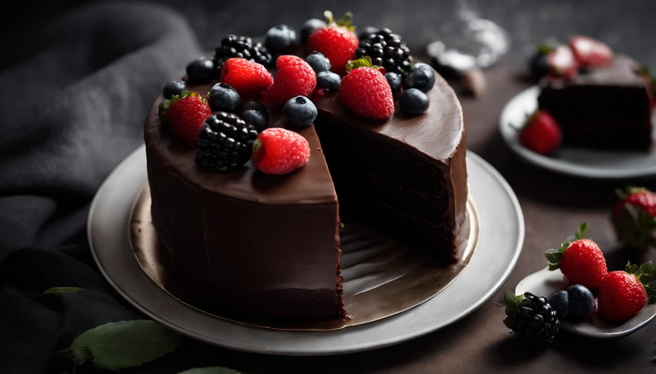 a top-down shot of a whole chocolate cake, showcasing its rich, dark brown color, smooth surface, and any decorative toppings such as berries or powdered sugar.