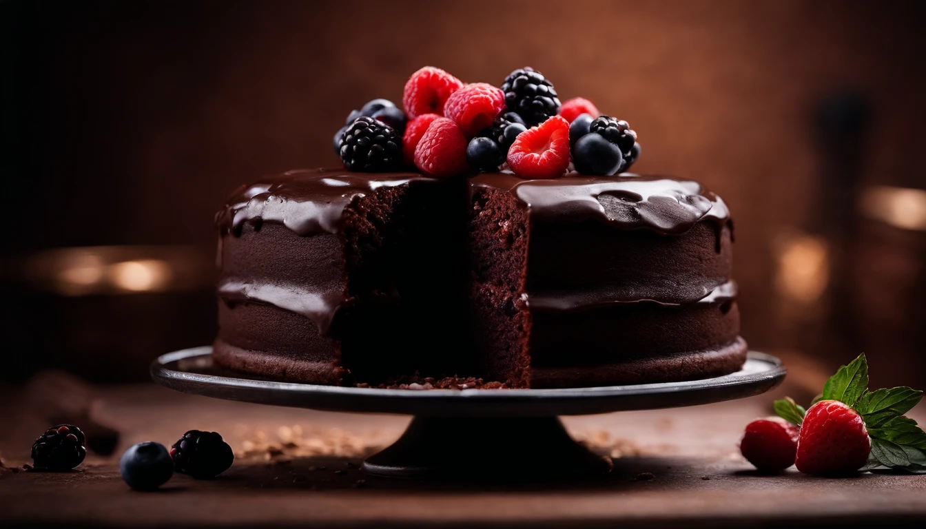 a top-down shot of a whole chocolate cake, showcasing its rich, dark brown color, smooth surface, and any decorative toppings such as berries or powdered sugar.