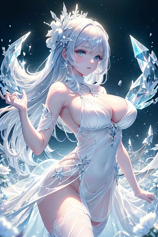 Paradise in Heaven, White lighting,(masutepiece), (Best Quality), (Cinematic), 8K, (art  stations), Li Yue painting style.(長いWhite hairとSilvery eyesを持つ1人の女), (Beautiful delicate face)、[ Particle Lou Full Moon] [Frozen trees々] [landscape crystal] [Lighting] [Ethereal Atmosphere]:1.1] [Fantasy, short story] [soft Lighting] [+Cinematic shot]:1.2 [+art  stations] [+luminous white background] [+soft Lighting] [soft glow] [Creative and dynamic angles]:1.3, [+Crystal Toning] 、masutepiece, ighly detailed, Ultra-detailed, Solo, (pale skin), Silvery eyes, White hair, (snowy background), (snowflake rosen flower:1.0), (shining crystal),, (Snowy ground), (White lashes), Female sexy、dreamy and detailed, Gorgeous setting, 妖しい雰囲気 masutepiece, The most beautiful scenes, An majestic、(((full of white flowers)))、quiet and serene atmosphere、A charming, all white tones,Inside the crystal library,Transparent flowers and falling snow，Many white roses are planted,(flowingwater,falls,water bloom),The decoration is also carefully done.,Dreamy（ighly detailedです，Creative Design，crisp and precise lines，K HD，best qualtiy，tmasterpiece，超hight resolution，4K）、Diverse poses、((beautiful white flower hair ornament))、Beautiful hairstyle、(Best Quality, 4K, 8K, hight resolution, masutepiece:1.2), Ultra-detailed, Detailed expression, Graceful posture, expressive brush strokes, mystic atmosphere, artistic interpretation,Delicate floral jewelry， (((Detailed design、Beautiful lace translucent dress、see-through small dress)))、(SFW:1.5), (Oversized breasts, best body proportions, proportions of large breasts,:1.5),(white decoration on thigh)、((Beautiful crystal accessories on the legs))。((Beautiful crystal accessories on the arm))、(((maikurobikini)))