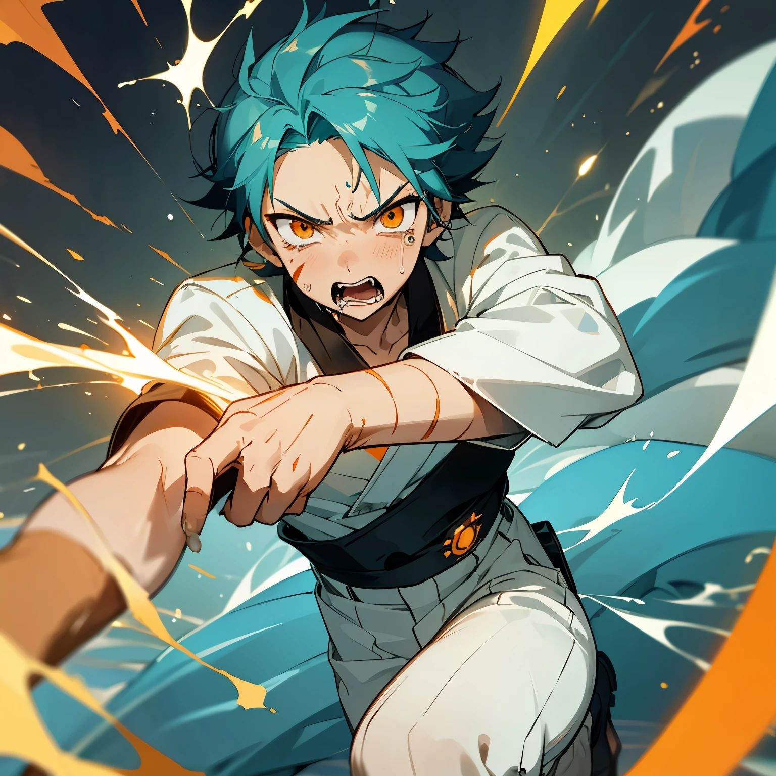 1 boy, Turquoise hair, orange eyes, white cloth, handsome, 15 years old kid, orange eye liner, mad, angry, light power, crying, injured in his hand