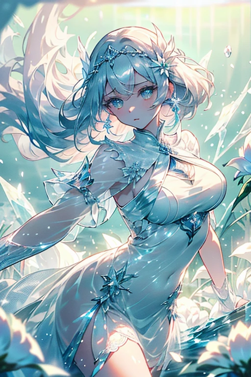 Paradise in Heaven, White lighting,(masutepiece), (Best Quality), (Cinematic), 8K, (art  stations), Li Yue painting style.(長いWhite hairとSilvery eyesを持つ1人の女), (Beautiful delicate face)、[ Particle Lou Full Moon] [Frozen trees々] [landscape crystal] [Lighting] [Ethereal Atmosphere]:1.1] [Fantasy, short story] [soft Lighting] [+Cinematic shot]:1.2 [+art  stations] [+luminous white background] [+soft Lighting] [soft glow] [Creative and dynamic angles]:1.3, [+Crystal Toning] 、masutepiece, ighly detailed, Ultra-detailed, Solo, (pale skin), Silvery eyes, White hair, (snowy background), (snowflake rosen flower:1.0), (shining crystal),, (Snowy ground), (White lashes), Female sexy、dreamy and detailed, Gorgeous setting, 妖しい雰囲気 masutepiece, The most beautiful scenes, An majestic、(((full of white flowers)))、quiet and serene atmosphere、A charming, all white tones,Inside the crystal library,Transparent flowers and falling snow，Many white roses are planted,(flowingwater,falls,water bloom),The decoration is also carefully done.,Dreamy（ighly detailedです，Creative Design，crisp and precise lines，K HD，best qualtiy，tmasterpiece，超hight resolution，4K）、Diverse poses、((beautiful white flower hair ornament))、Beautiful hairstyle、(Best Quality, 4K, 8K, hight resolution, masutepiece:1.2), Ultra-detailed, Detailed expression, Graceful posture, expressive brush strokes, mystic atmosphere, artistic interpretation,Delicate floral jewelry， (((Detailed design、Beautiful lace translucent dress、see-through small dress)))、(SFW:1.5), (Oversized breasts, best body proportions, proportions of large breasts,:1.5),(white decoration on thigh)、((Beautiful crystal accessories on the legs))。((Beautiful crystal accessories on the arm))、(((maikurobikini)))