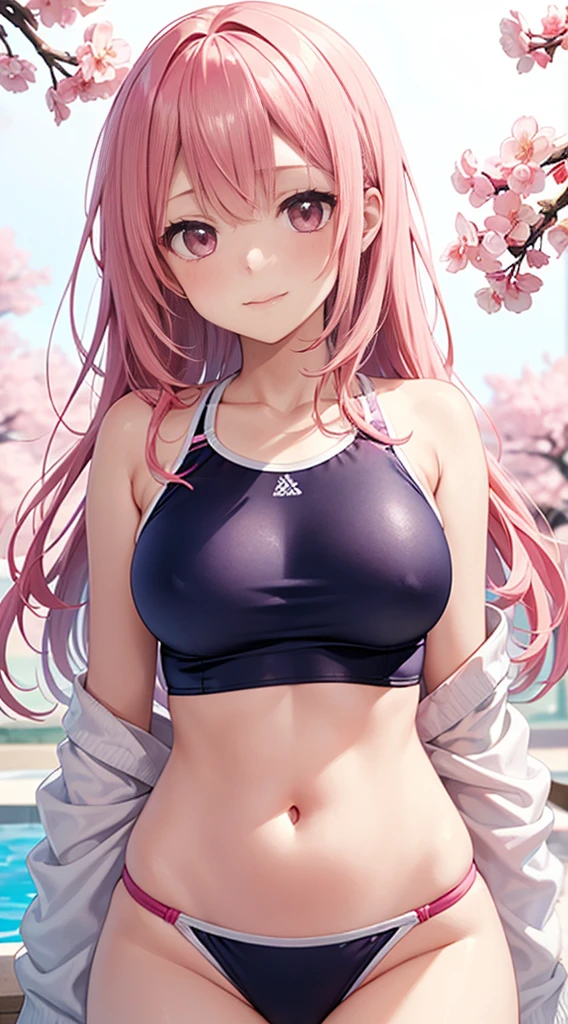 masutepiece, The upper part of the body, 1girl in, Solo,, Pink tones, Manga style, pink cherry blossoms nearby,ars, Pink hair、Long、swim wears, The navel is visible、(White background), Looking at the viewer, side front pose