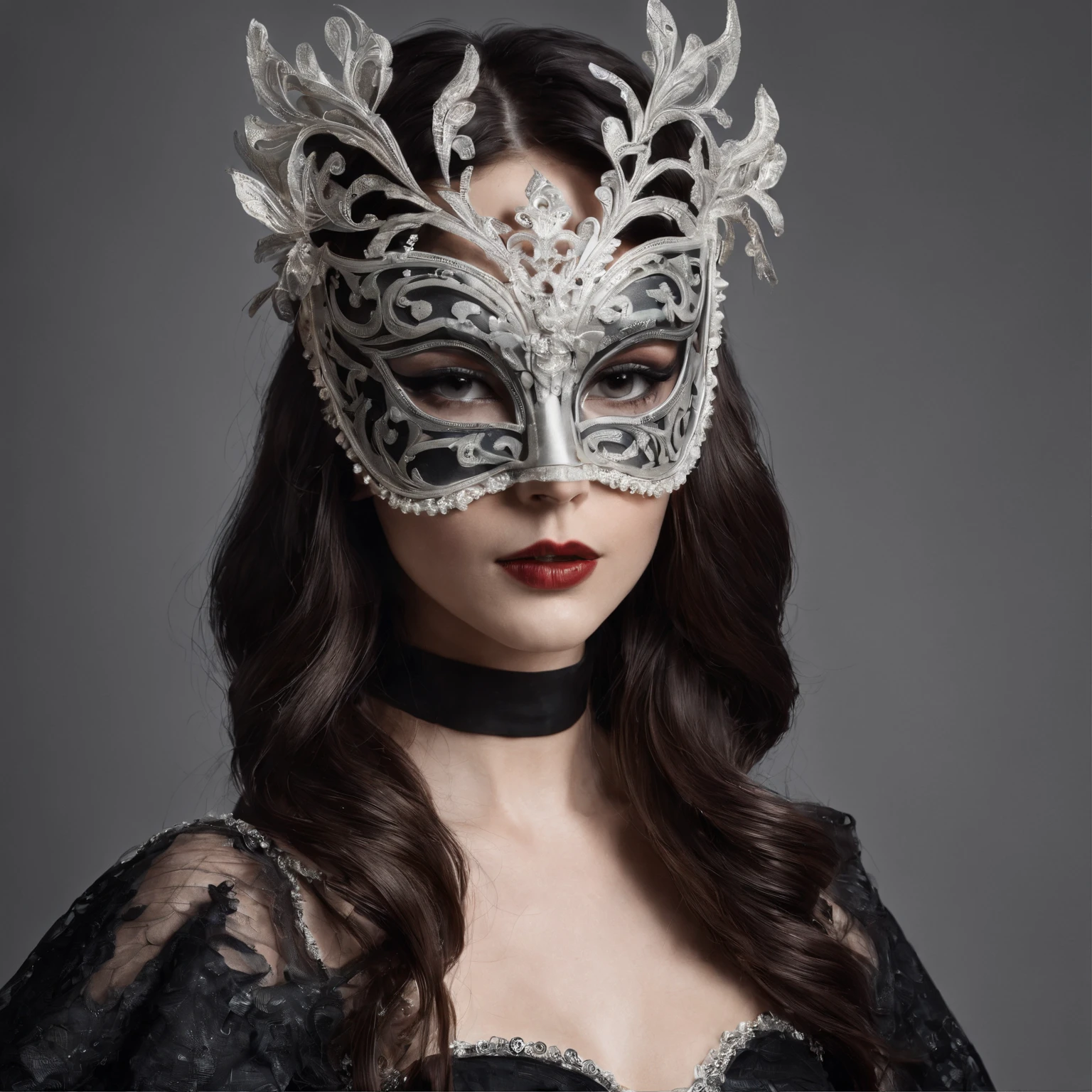 Young woman at the masquerade ball. Flowing dark hair, mask