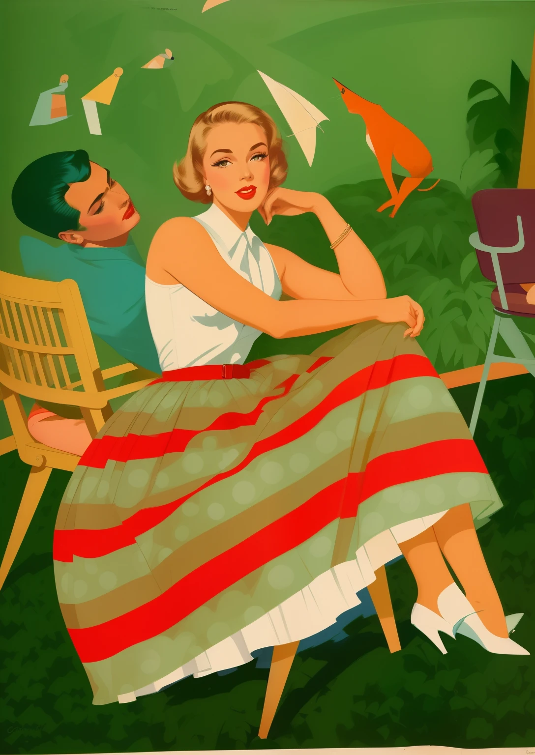 imagem arafada de um homem e uma mulher sentados em uma cadeira, 1950s illustration style, Vintage magazine illustration, cores de Stanton Macdonald-Wright, 1 9 Estilo 5 0 s, Directed by: Pruett Carter, Estilo anos 50, Estilo 5 0 s, aconchegante 1 9 5 0's, Directed by: Coby Whitmore, retro Estilo 5 0 s, Vibes dos anos 1950, cores inspiradas em Stanton Macdonald-Wright,