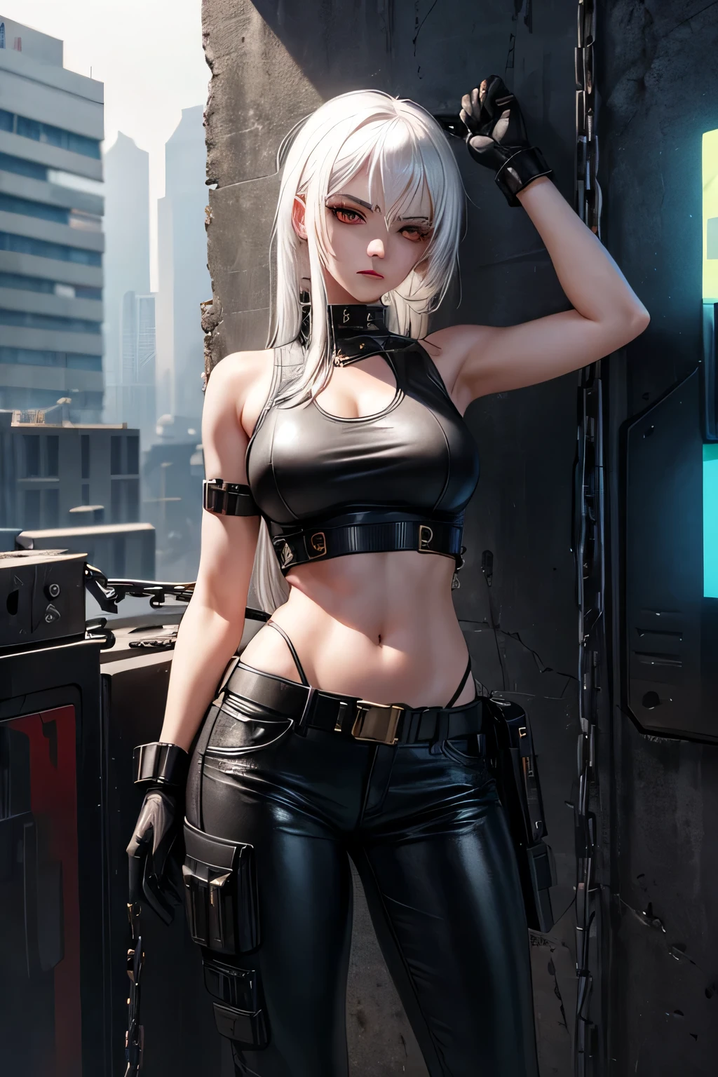 beautiful girl, cyberpunk spy style, white hair, tank cropped top, military vest showing belly, navel, leather pants, grafitti, leather gloves, wall, hands up crossed locked with chains,