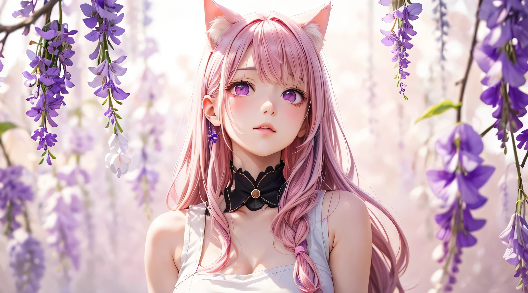 1girl, solo, cute girl with pink hair, pink eyes, wisteria flower background, soft natural light, cat ears, sleeveless white shirt