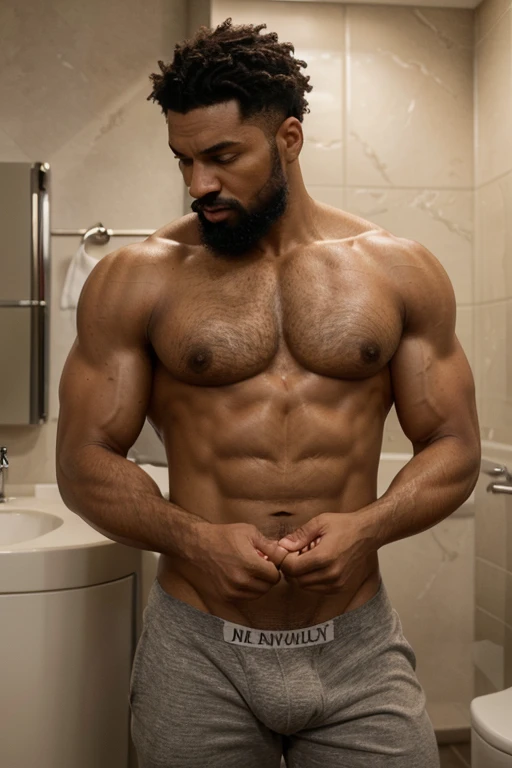 (best quality, ultra-detailed, realistic:1.37), HDR, studio lighting, extremely detailed daddy and son, tight-knit bond, muscular physique, age gap, expressive eyes, bearded faces, confident and affectionate expressions, black skin, natural hairstyles, well-groomed facial hair, everyday clothing, comfortable underwear, casual setting, toilet, subtle pubic hair, realistic textures, attention to skin tones, soft and diffused lighting, warm color palette