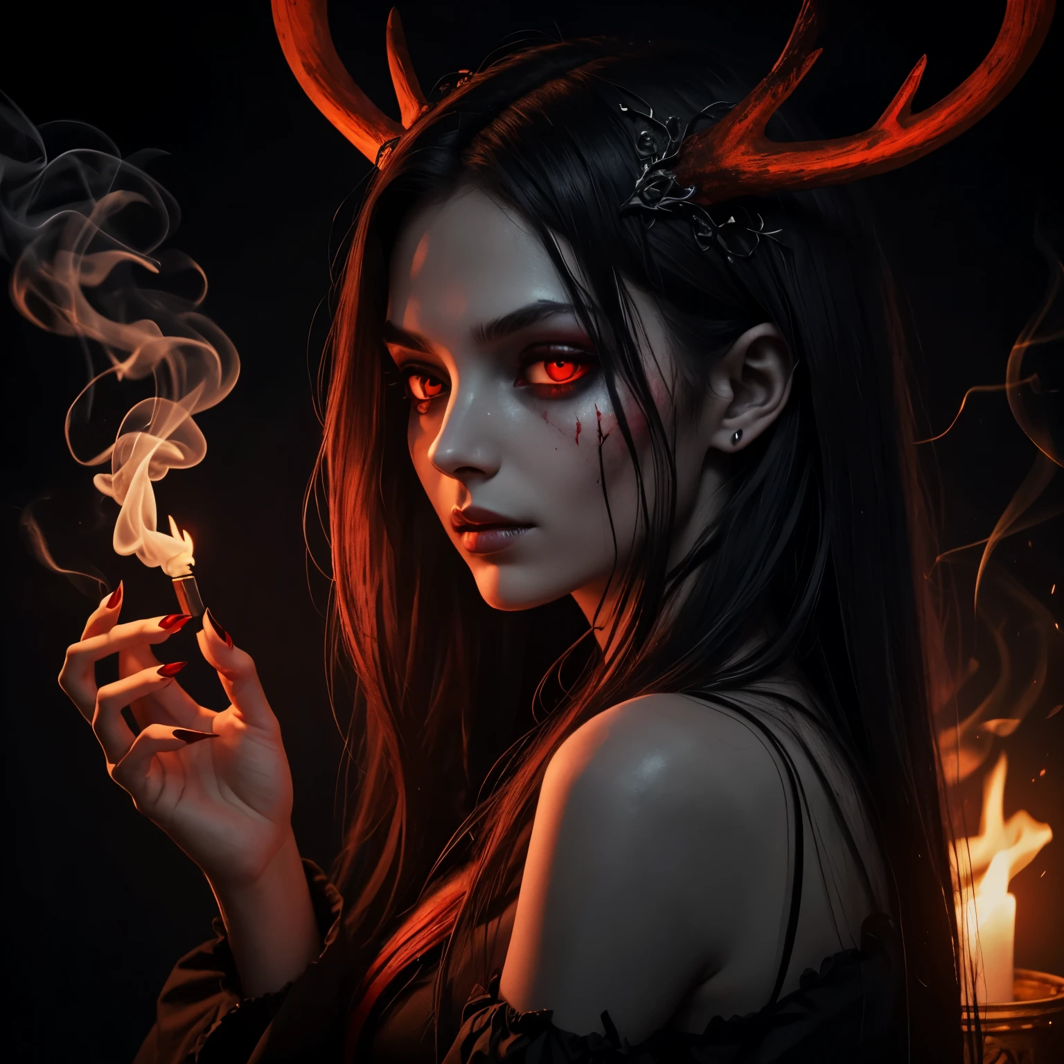 dark, unholy, evil, astral, creepy style, undead, rotting skin, mystical, nice perfect face with soft skin, young beautiful girl portrait on fire, smoke, smoking, fire, night, long hair, red long nails, antlers, red eyes, from side, red glow