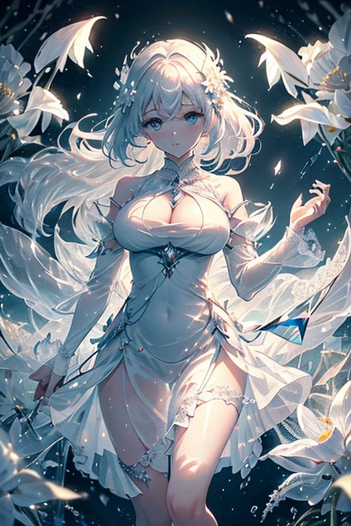 Paradise in Heaven, White lighting,(masutepiece), (Best Quality), (Cinematic), 8K, (art  stations), Li Yue painting style.(長いWhite hairとSilvery eyesを持つ1人の女), (Beautiful delicate face)、[ Particle Lou Full Moon] [Frozen trees々] [landscape crystal] [Lighting] [Ethereal Atmosphere]:1.1] [Fantasy, short story] [soft Lighting] [+Cinematic shot]:1.2 [+art  stations] [+luminous white background] [+soft Lighting] [soft glow] [Creative and dynamic angles]:1.3, [+Crystal Toning] 、masutepiece, ighly detailed, Ultra-detailed, Solo, (pale skin), Silvery eyes, White hair, (snowy background), (snowflake rosen flower:1.0), (shining crystal),, (Snowy ground), (White lashes), Female sexy、dreamy and detailed, Gorgeous setting, 妖しい雰囲気 masutepiece, The most beautiful scenes, An majestic、(((full of white flowers)))、quiet and serene atmosphere、A charming, all white tones,Inside the crystal library,Transparent flowers and falling snow，Many white roses are planted,(flowingwater,falls,water bloom),The decoration is also carefully done.,Dreamy（ighly detailedです，Creative Design，crisp and precise lines，K HD，best qualtiy，tmasterpiece，超hight resolution，4K）、Diverse poses、((beautiful white flower hair ornament))、Beautiful hairstyle、(Best Quality, 4K, 8K, hight resolution, masutepiece:1.2), Ultra-detailed, Detailed expression, Graceful posture, expressive brush strokes, mystic atmosphere, artistic interpretation,Delicate floral jewelry， (((Detailed design、Beautiful lace translucent dress、see-through small dress)))、(SFW:1.5), (Oversized breasts, best body proportions, proportions of large breasts,:1.5),(white decoration on thigh)、((Beautiful crystal accessories on the legs))。((Beautiful crystal accessories on the arm))、(((maikurobikini)))