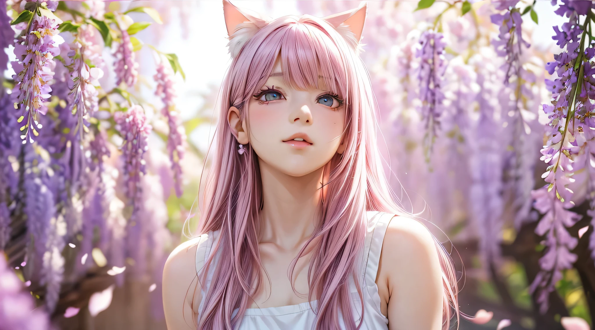1girl, solo, cute girl with pink hair, pink eyes, wisteria flower background, soft natural light, cat ears, sleeveless white shirt