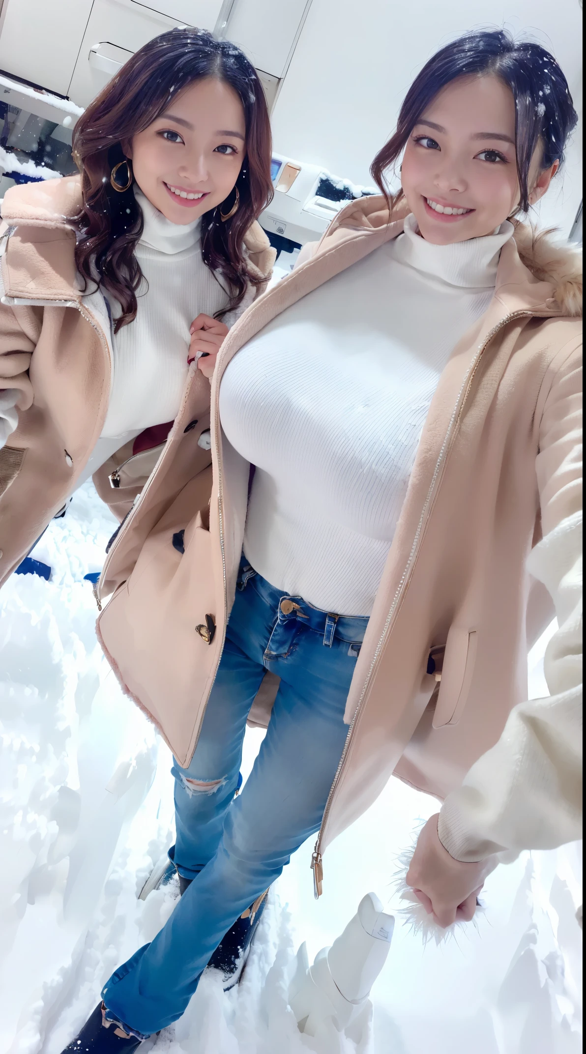 (in 8K、超A high resolution、Best Quality、masuter piece、Photorealsitic、The ultra -The high-definition)、(Colossal tits、rather large breasts、White turtleneck、duffel coat with fur、Skinny Jeans:1.28)(always walking in heavy snow:1.18)A Japanese Lady、Cute smile、Black High Heels