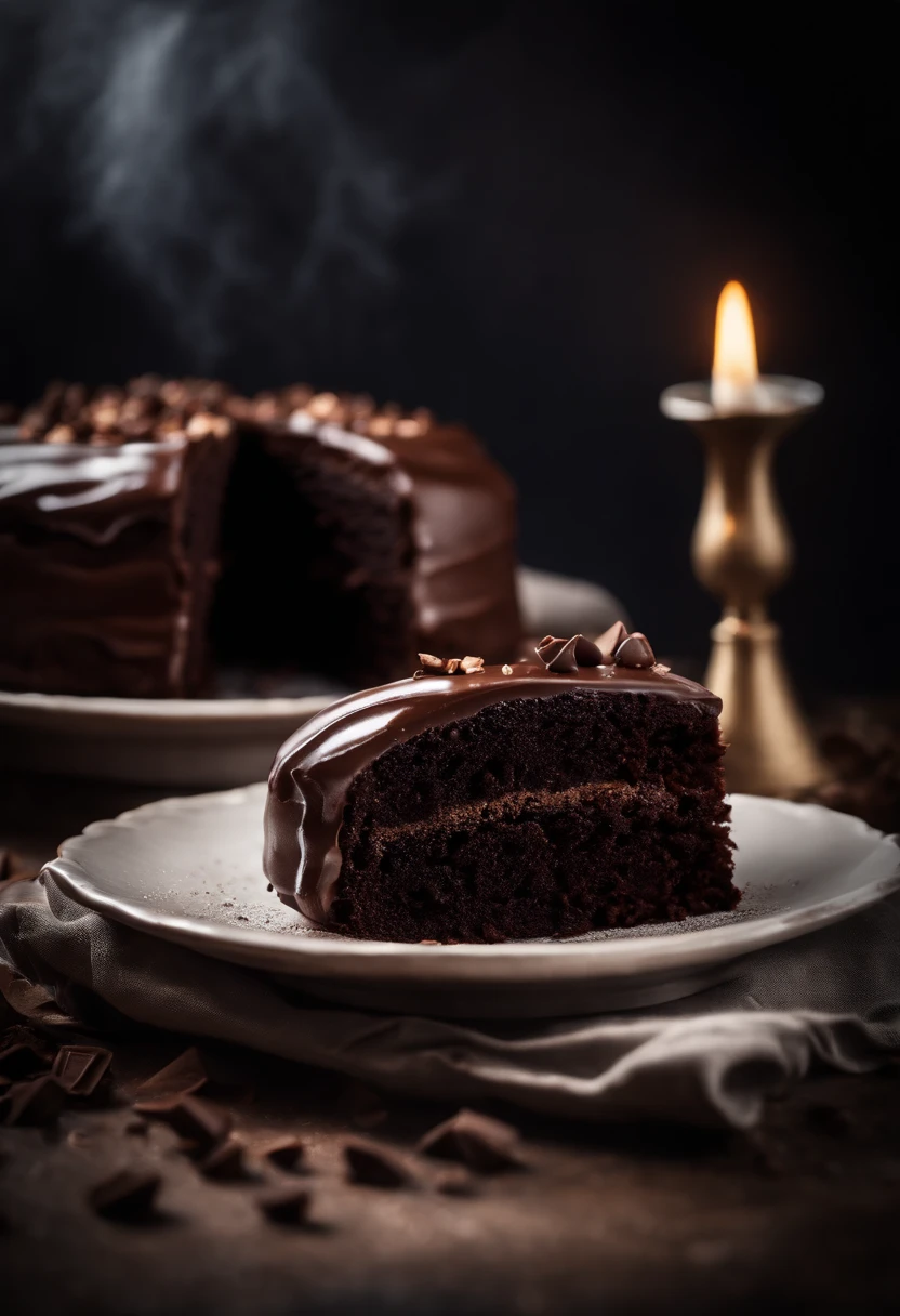 a high-resolution shot of a chocolate cake with a molten chocolate center, highlighting the oozy, decadent filling and the contrast with the cake itself
