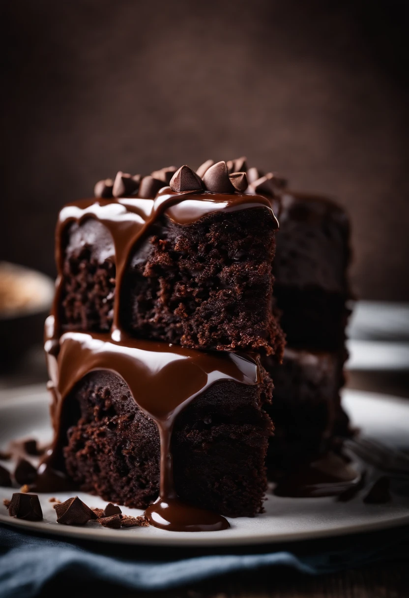 a high-resolution shot of a chocolate cake with a molten chocolate center, highlighting the oozy, decadent filling and the contrast with the cake itself