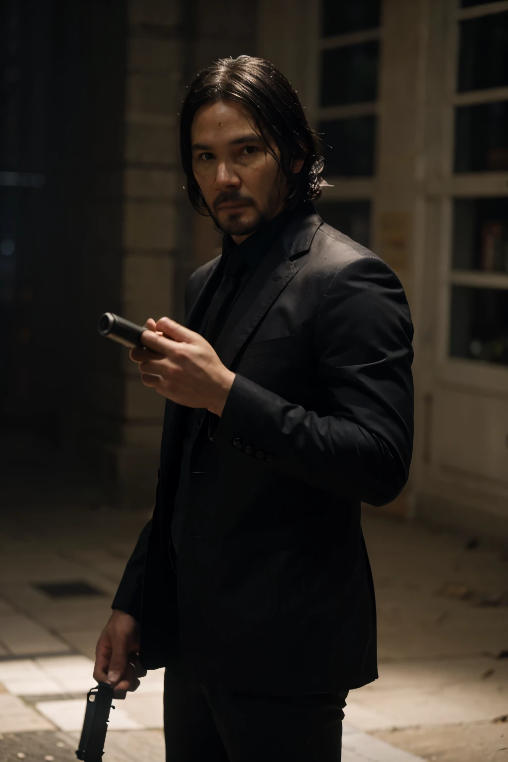 "Transform the image of a young man with dark skin, short hair and glasses in a version that looks like John Wick. He must be wearing an elegant navy blue slim fit suit, with a white shirt underneath and a black tie. Add black dress shoes to complement the look. Style your hair to look more social , similar to John Wick style. Add a short, well-groomed beard. Remove the glasses to create a look closer to John Wick. Posture should be confident and upright, with a serious and focused facial expression." The man must be dark-skinned black