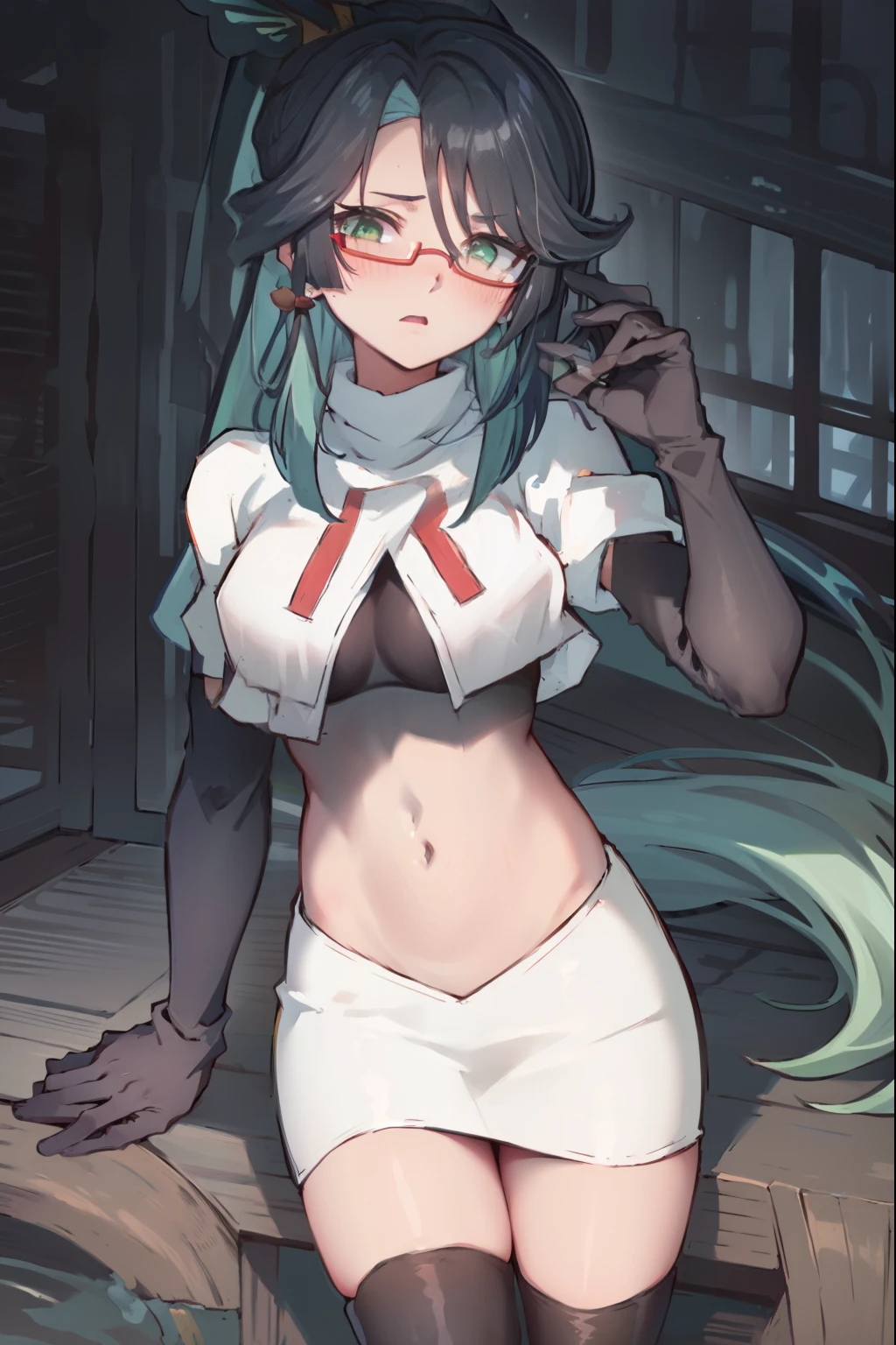 2d, masterpiece, best quality, anime, highly detailed face, perfect lighting, long hair, ponytail, multicolored hair, black hair, bangs, glasses, semi-rimless eyewear, earrings, green hair, hair ornament, jewelry, red-framed eyewear, green eyes, team rocket,team rocket uniform,white skirt,red letter R,crop top,black thigh-high boots,black elbow gloves, embarrassed, blush