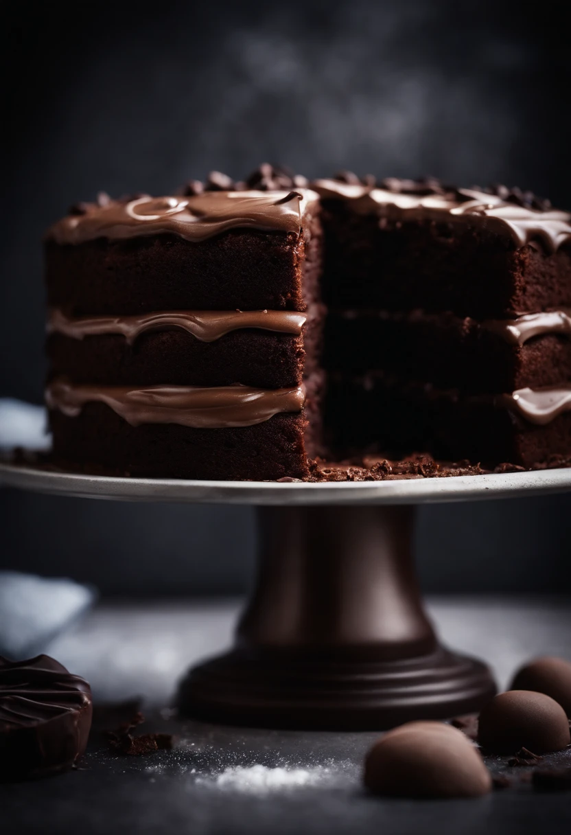 a high-resolution shot of a chocolate cake with a molten chocolate center, highlighting the oozy, decadent filling and the contrast with the cake itself