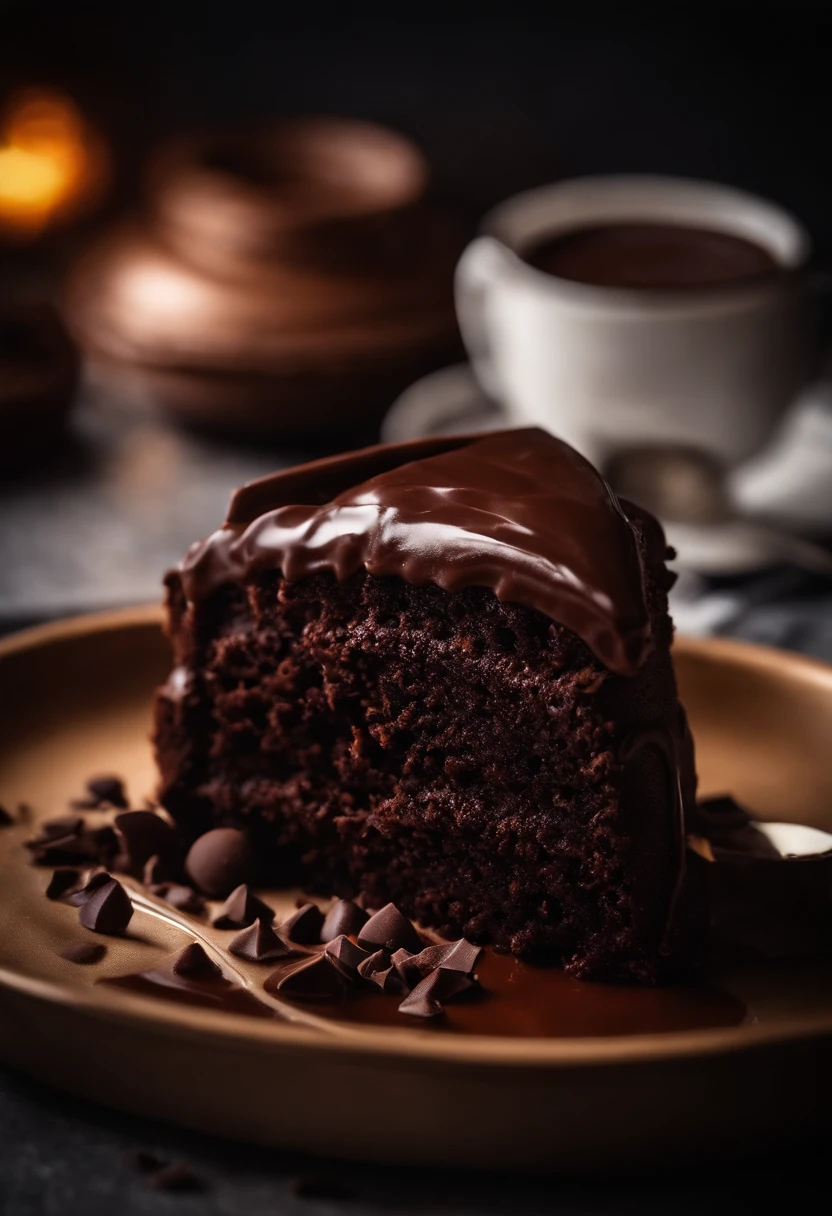 a high-resolution shot of a chocolate cake with a molten chocolate center, highlighting the oozy, decadent filling and the contrast with the cake itself