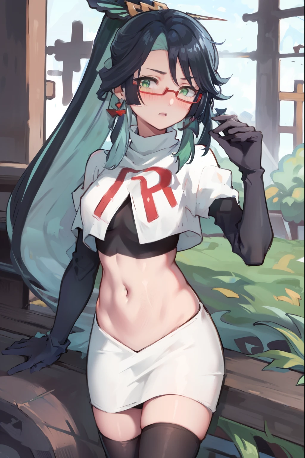 2d, masterpiece, best quality, anime, highly detailed face, perfect lighting, long hair, ponytail, multicolored hair, black hair, bangs, glasses, semi-rimless eyewear, earrings, green hair, hair ornament, jewelry, red-framed eyewear, green eyes, team rocket,team rocket uniform,white skirt,red letter R,crop top,black thigh-high boots,black elbow gloves, embarrassed, blush