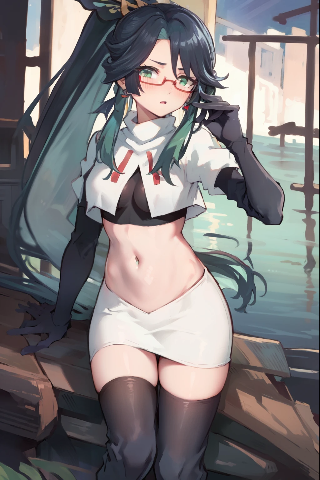 2d, masterpiece, best quality, anime, highly detailed face, perfect lighting, long hair, ponytail, multicolored hair, black hair, bangs, glasses, semi-rimless eyewear, earrings, green hair, hair ornament, jewelry, red-framed eyewear, green eyes, team rocket,team rocket uniform,white skirt,red letter R,crop top,black thigh-high boots,black elbow gloves, embarrassed, blush