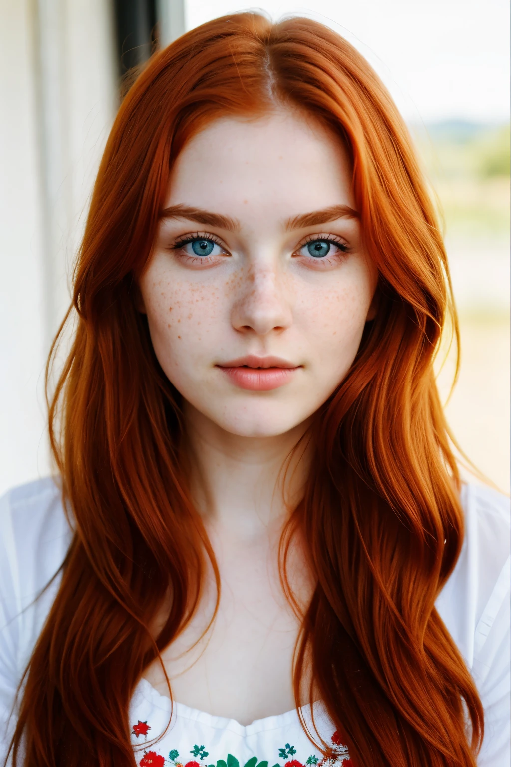 a beautiful young Russian woman, with reddish red hair, blue eyes, freckles and rosy cheeks
