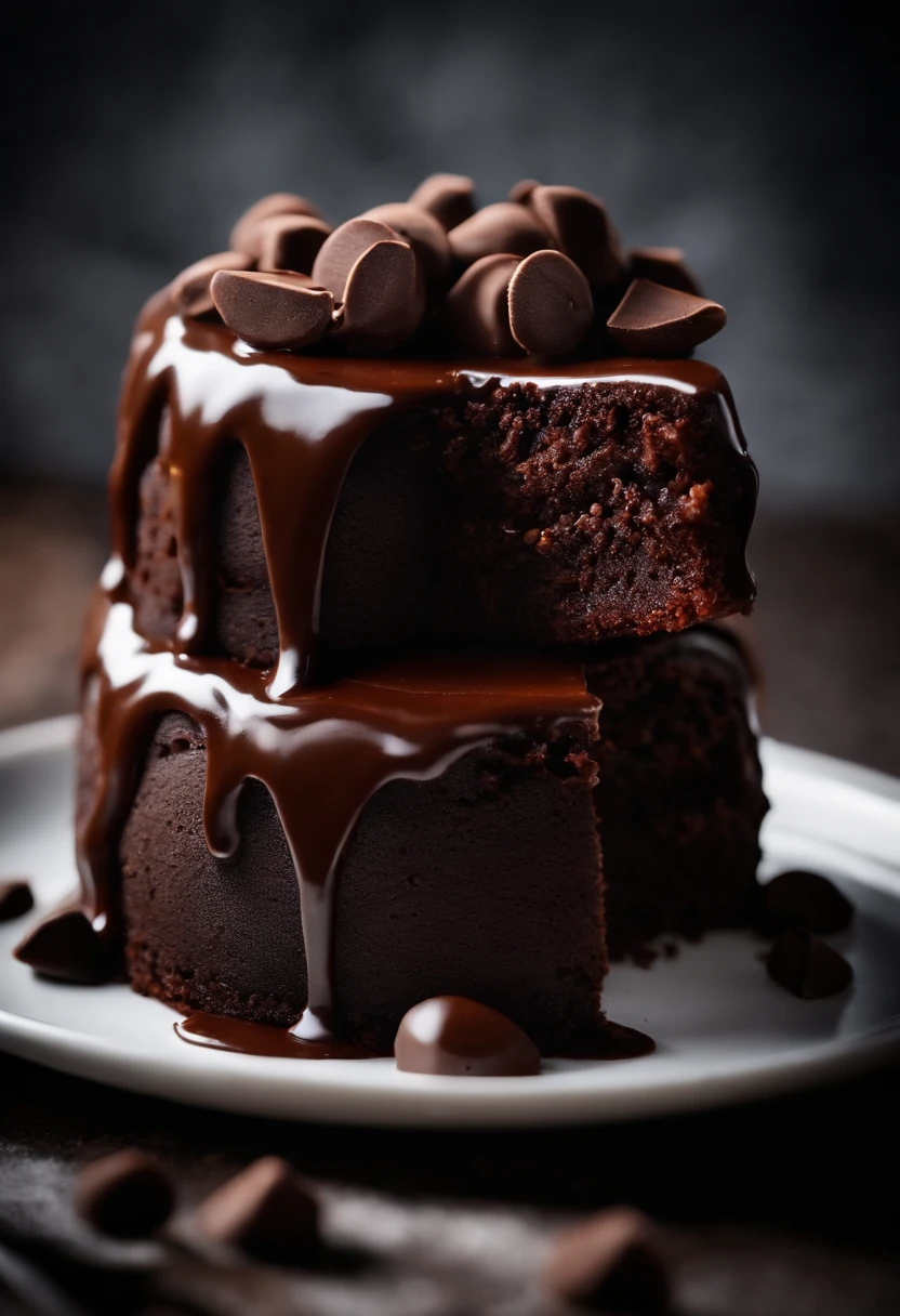 a high-resolution shot of a chocolate cake with a molten chocolate center, highlighting the oozy, decadent filling and the contrast with the cake itself