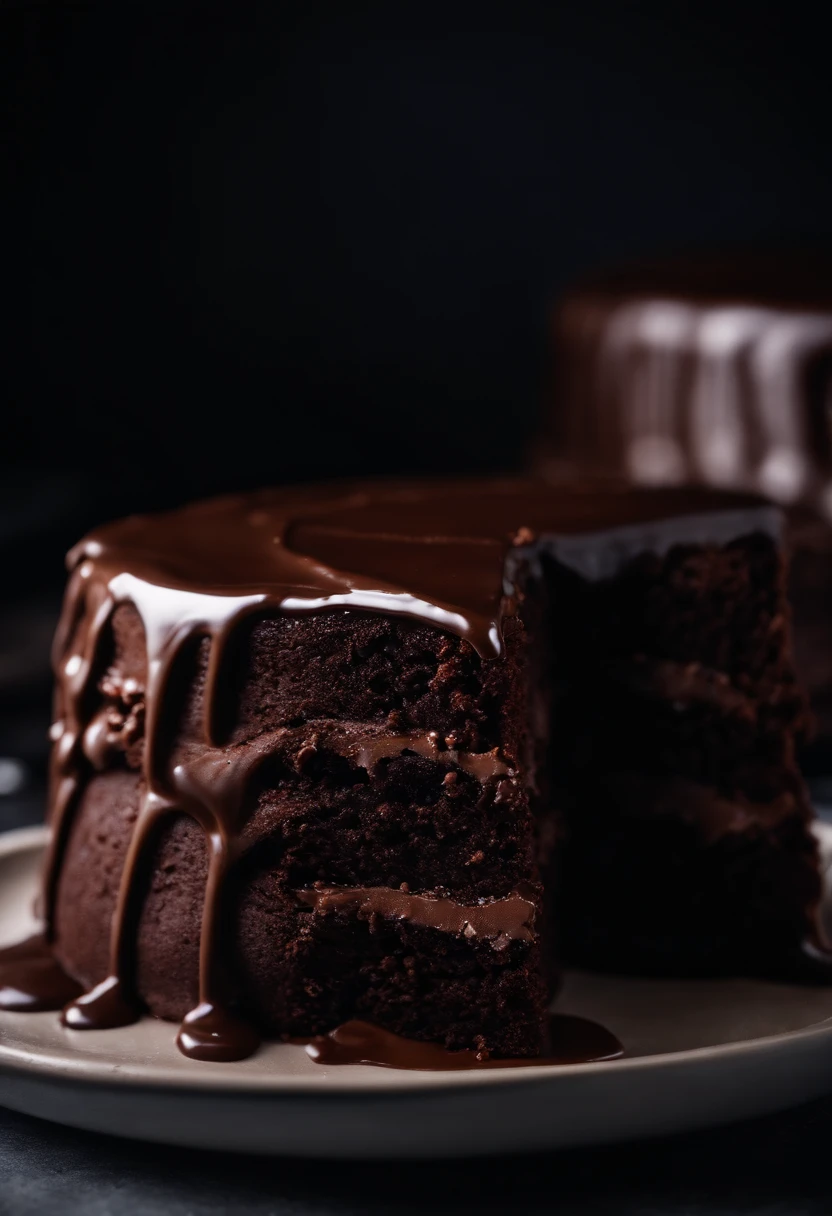 a high-resolution shot of a chocolate cake with a molten chocolate center, highlighting the oozy, decadent filling and the contrast with the cake itself