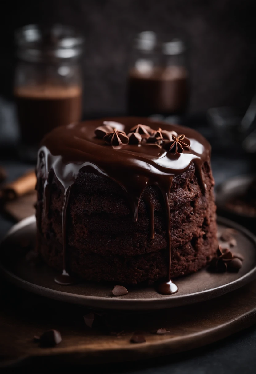 a high-resolution shot of a chocolate cake with a molten chocolate center, highlighting the oozy, decadent filling and the contrast with the cake itself