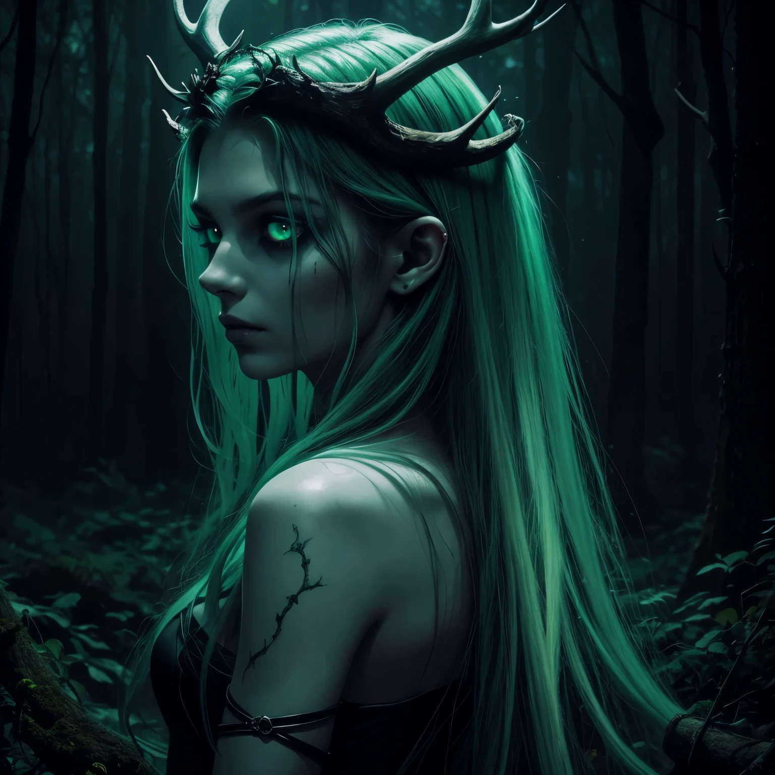 dark, unholy, evil, astral, creepy style, undead, rotting skin, mystical, nice perfect face with soft skin, young beautiful medusa portrait in the forest, greek mythology, smoke, mist, night, snakes hair, antlers, glowing green eyes, from behind, light green glow, void