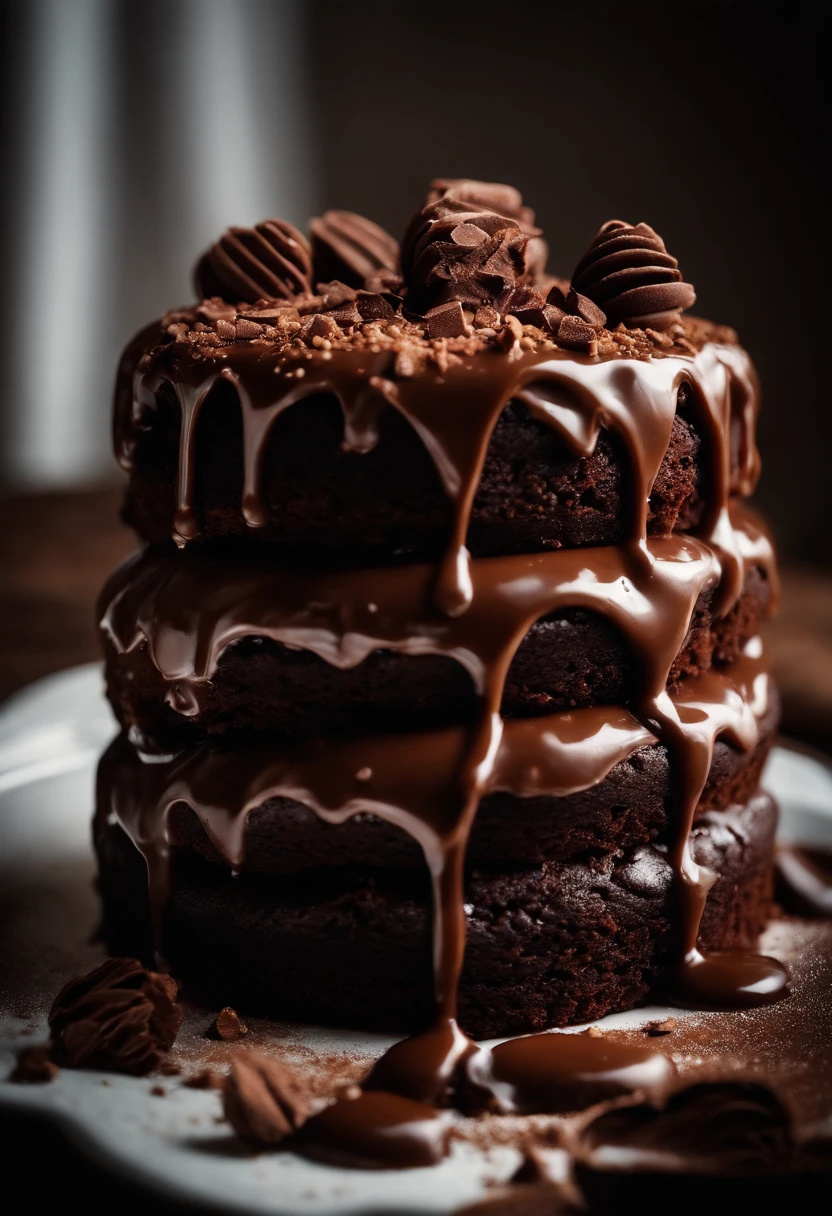 a high-resolution shot of a chocolate cake with a molten chocolate center, highlighting the oozy, decadent filling and the contrast with the cake itself