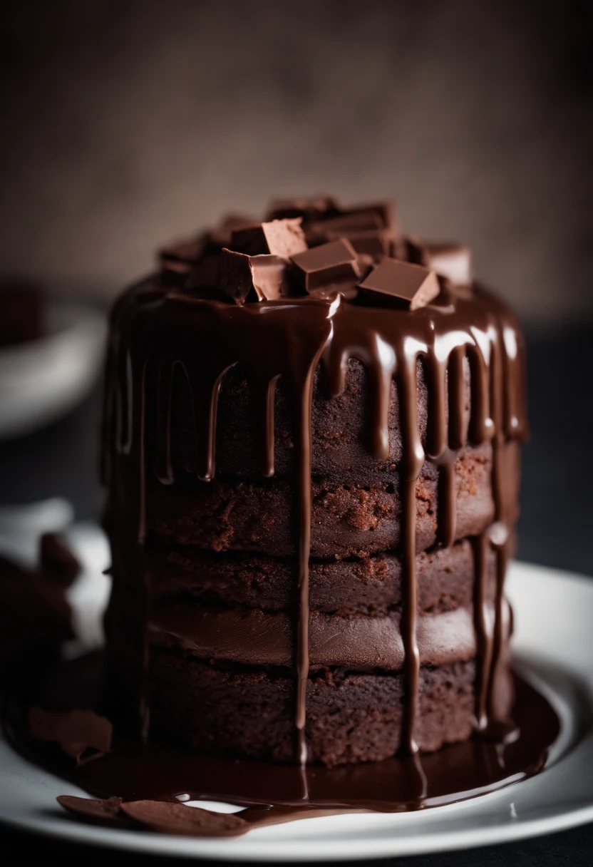 a high-resolution shot of a chocolate cake with a molten chocolate center, highlighting the oozy, decadent filling and the contrast with the cake itself