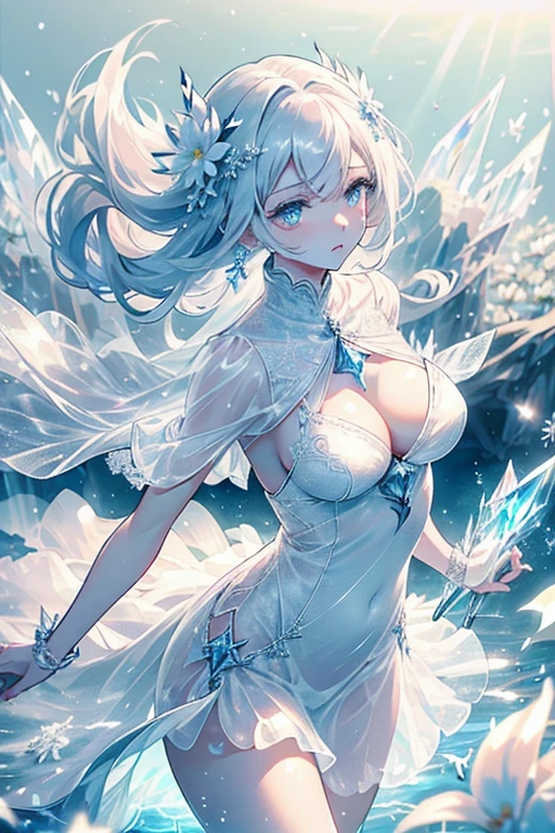 Paradise in Heaven, White lighting,(masutepiece), (Best Quality), (Cinematic), 8K, (art  stations), Li Yue painting style.(長いWhite hairとSilvery eyesを持つ1人の女), (Beautiful delicate face)、[ Particle Lou Full Moon] [Frozen trees々] [landscape crystal] [Lighting] [Ethereal Atmosphere]:1.1] [Fantasy, short story] [soft Lighting] [+Cinematic shot]:1.2 [+art  stations] [+luminous white background] [+soft Lighting] [soft glow] [Creative and dynamic angles]:1.3, [+Crystal Toning] 、masutepiece, ighly detailed, Ultra-detailed, Solo, (pale skin), Silvery eyes, White hair, (snowy background), (snowflake rosen flower:1.0), (shining crystal),, (Snowy ground), (White lashes), Female sexy、dreamy and detailed, Gorgeous setting, 妖しい雰囲気 masutepiece, The most beautiful scenes, An majestic、(((full of white flowers)))、quiet and serene atmosphere、A charming, all white tones,Inside the crystal library,Transparent flowers and falling snow，Many white roses are planted,(flowingwater,falls,water bloom),The decoration is also carefully done.,Dreamy（ighly detailedです，Creative Design，crisp and precise lines，K HD，best qualtiy，tmasterpiece，超hight resolution，4K）、Diverse poses、((beautiful white flower hair ornament))、Beautiful hairstyle、(Best Quality, 4K, 8K, hight resolution, masutepiece:1.2), Ultra-detailed, Detailed expression, Graceful posture, expressive brush strokes, mystic atmosphere, artistic interpretation,Delicate floral jewelry， (((Detailed design、Beautiful lace translucent dress、see-through small dress)))、(SFW:1.5), (Oversized breasts, best body proportions, proportions of large breasts,:1.5),(white decoration on thigh)、((Beautiful crystal accessories on the legs))。((Beautiful crystal accessories on the arm))、(((maikurobikini)))