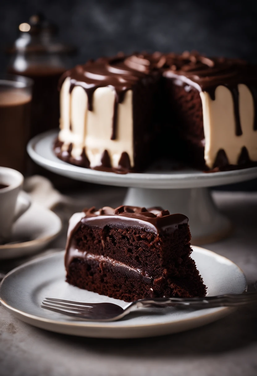 a high-resolution shot of a chocolate cake with a molten chocolate center, highlighting the oozy, decadent filling and the contrast with the cake itself